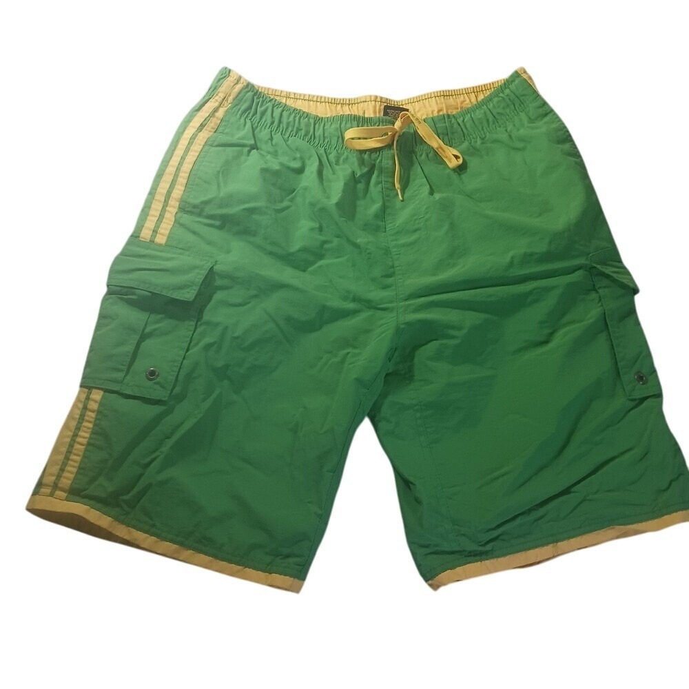 U.S. Polo Assn Green Yellow Striped Cargo Board Shorts‎ Swim Trunks Mens L